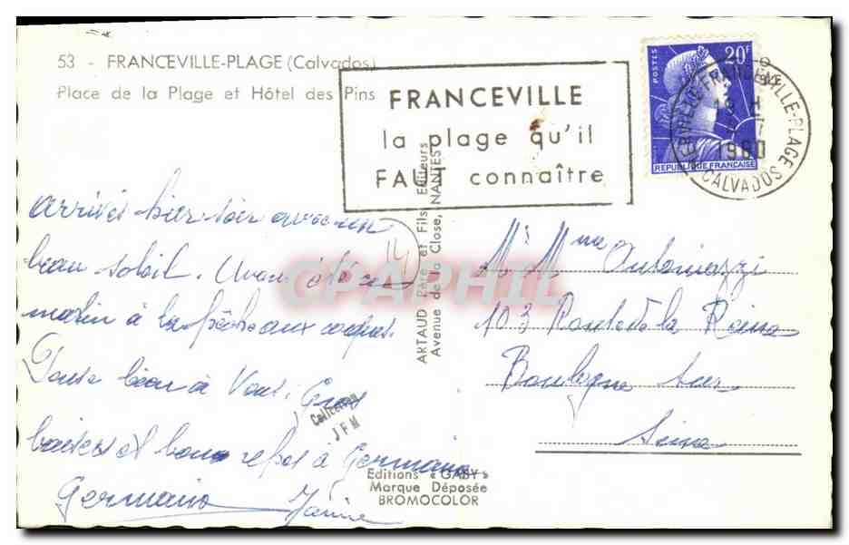 CPM Franceville Plage Place de la Plage et Hotel Des Pins — Rückseite