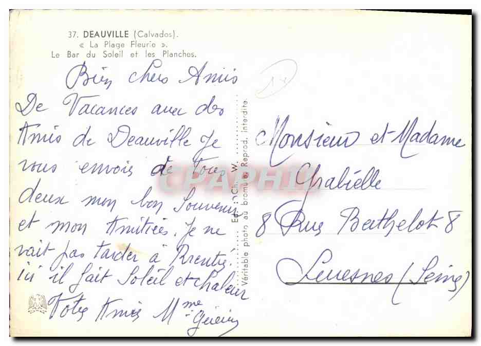 Deauville — La Plage Fleurie — Le Bar du Soleil et les Planches — Éditeur G. W. n°37 — Verso