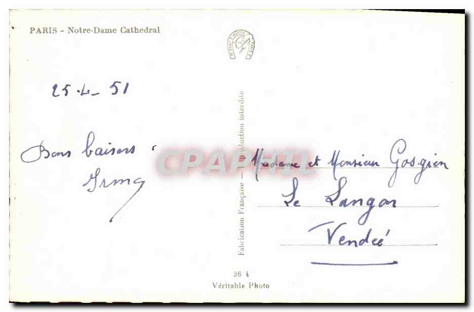 CPA Paris notre Dame Cathedral — Verso