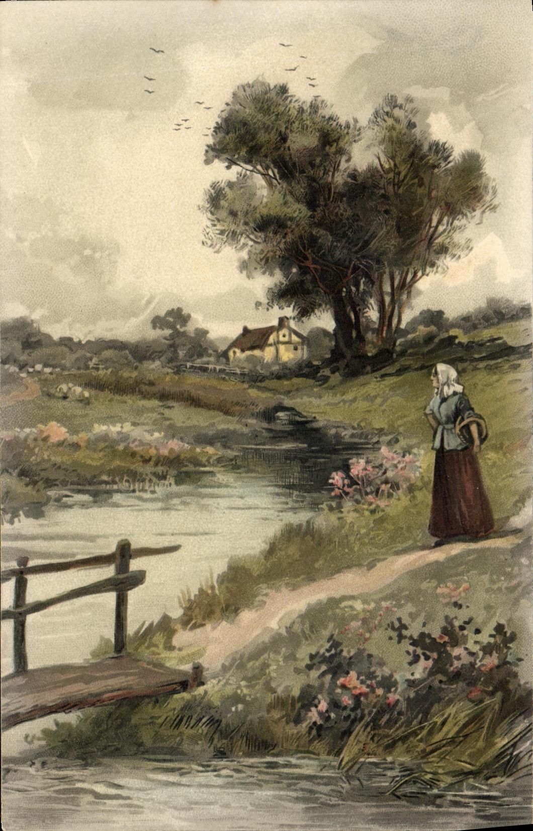 Femme au bord d'un cours d'eau — paysage rural — éditeur non identifié, n° de série non visible