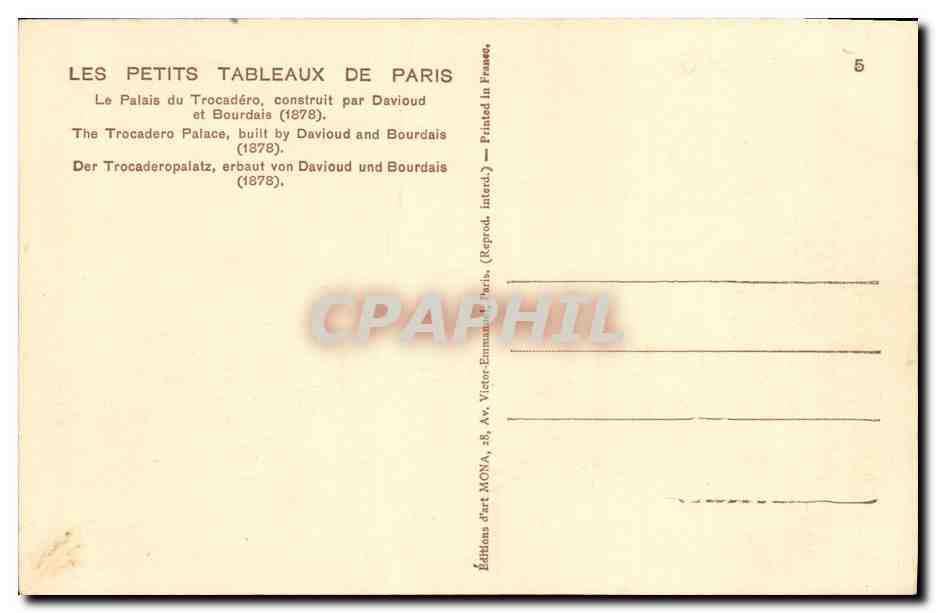 CPA Paris Le Palais du Trocadero construit par Davioud et Bourdais — Rückseite