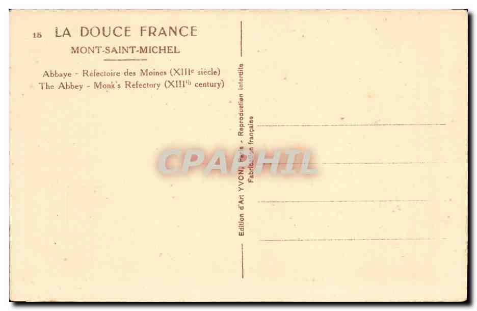 Mont-Saint-Michel — Abbaye - Refectoire des Moines (XIIIe siècle) — Edition d'Art YVONY, Paris — Verso