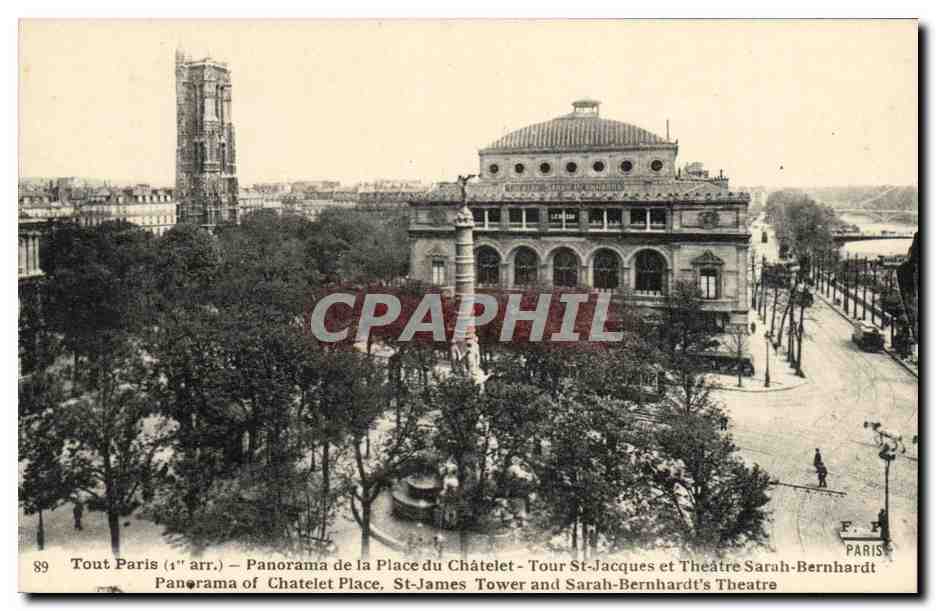CPA Paris Panorama de la Place du Chatelet Tour Saint Jacques et Theatre Sarah Bernhardt