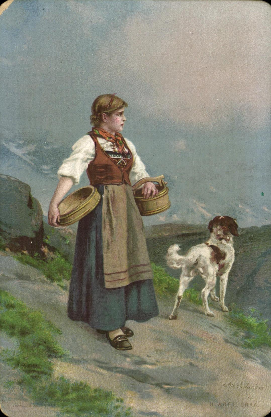 CPA Femme et chien Folklore 