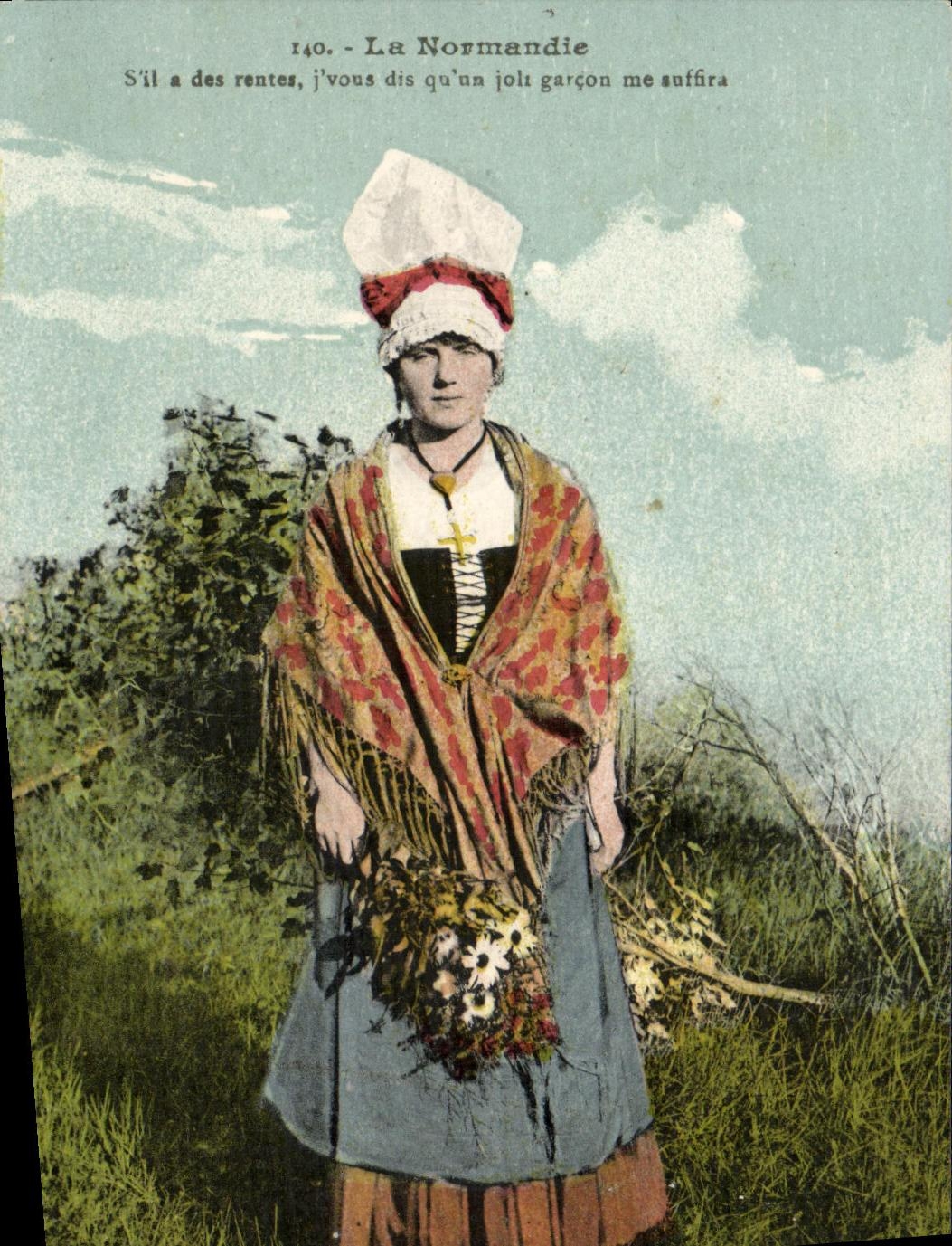 CPA La Normandie S ll a des rentes Folklore costume