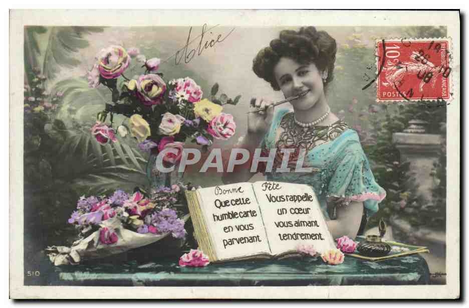 Femme souriante avec bouquet de roses — carte de vœux — éditeur 'F. J. H.' n° 510 - Recto