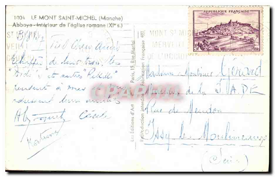 CPA Le Mont Saint Michel Abbaye Interieur de l eglise rommane — Verso
