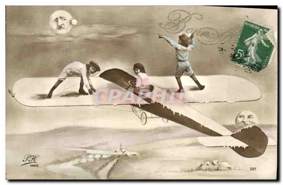 CPA Bonne Annee Enfants Avion Lune 
