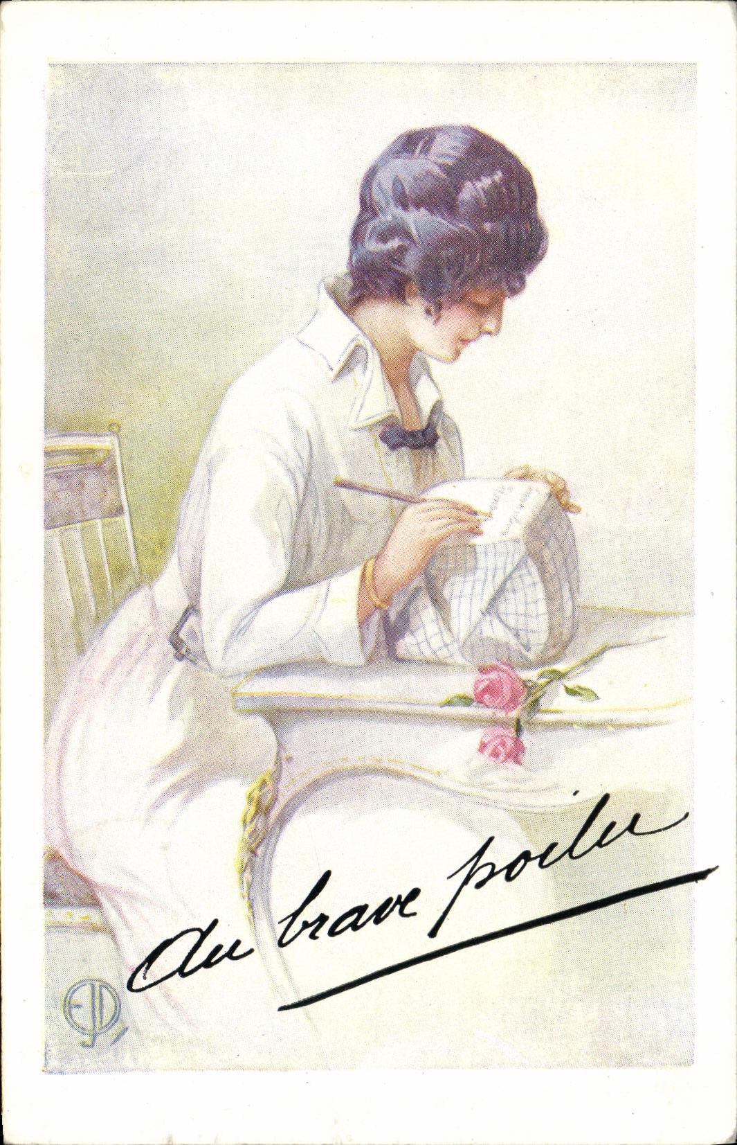 Femme écrivant une lettre — Au brave poilu — Éditeur Paris Color, n°152