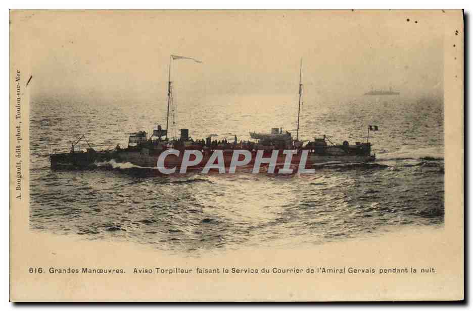 CPA Grandes Manoeuvres Aviso torpilleur faisant le service du courrier de l amiral Gervais pendant la nuit Bateau 