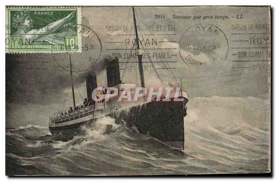 CPA Steamer par gros temps Bateau Timbre Jeux olympiques Flamme Royan Salon de printemps et d ete 