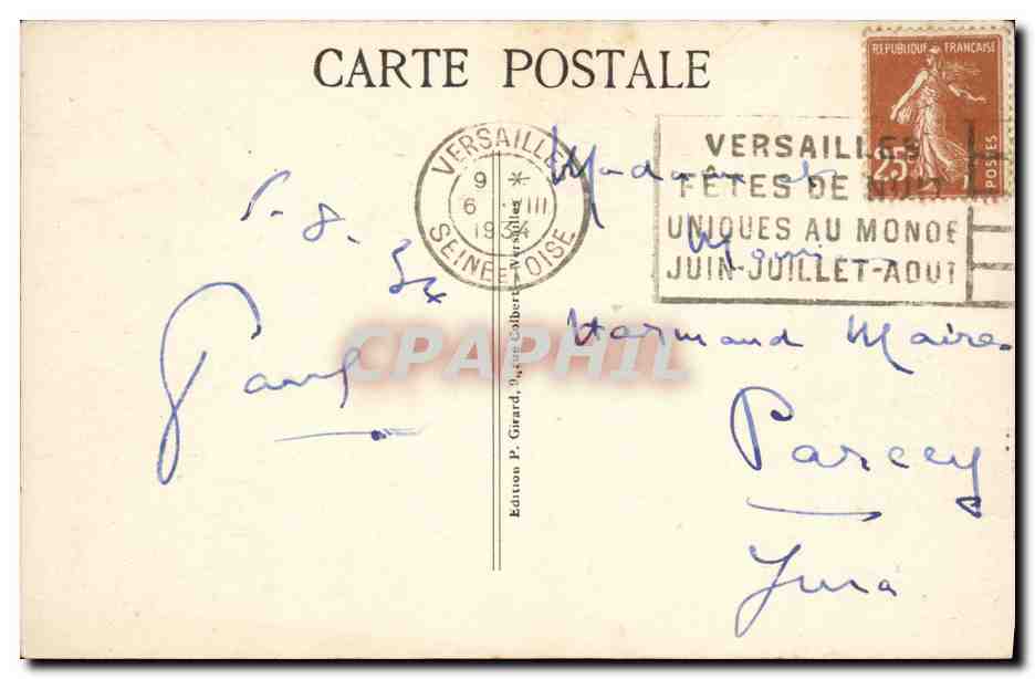 Versailles — L'Orangerie et Pièce d'eau des Suisses — Édition P. Girard, n°503 — Verso