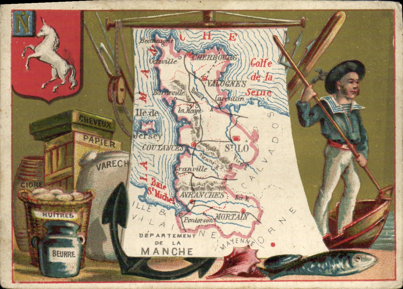 Carte de visite Department de la Manche Pecheur Poisson Licorne 