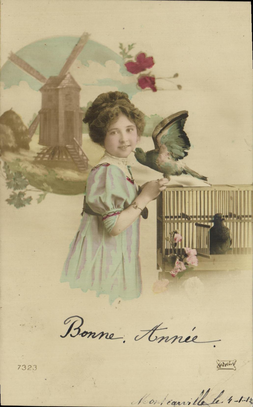 CPA Bonne Annee Enfant Moulin Oiseau 