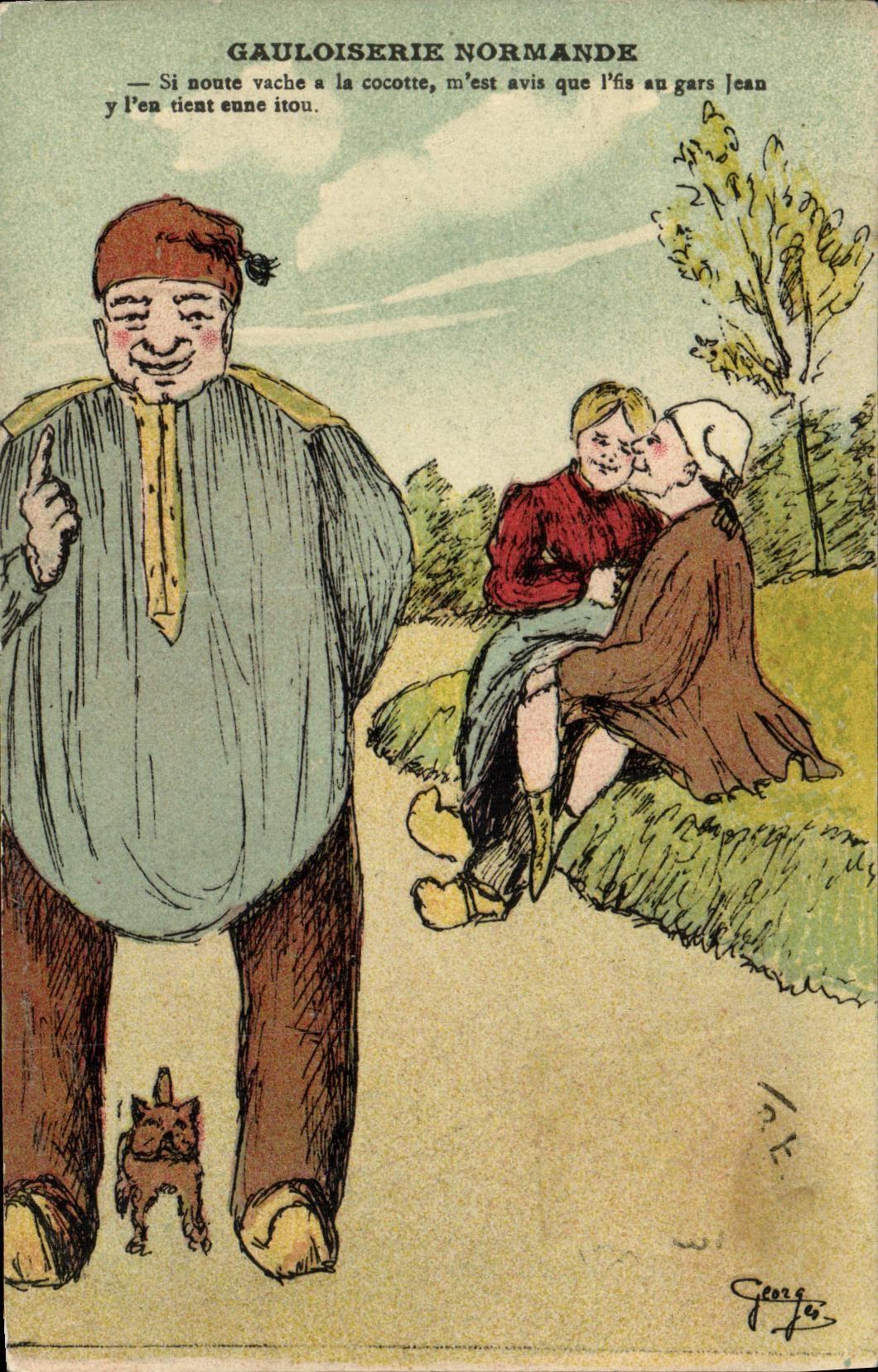 Normannische Gaullaiserie — Karikatur eines Bauern und eines sich küssenden Paares — George Léon