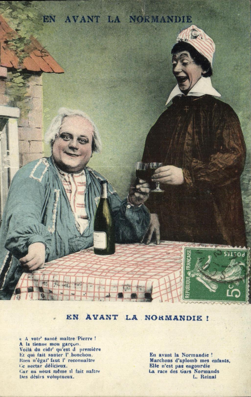 En avant la Normandie — caricature de personnages normands buvant du cidre — éditeur L. Reinal