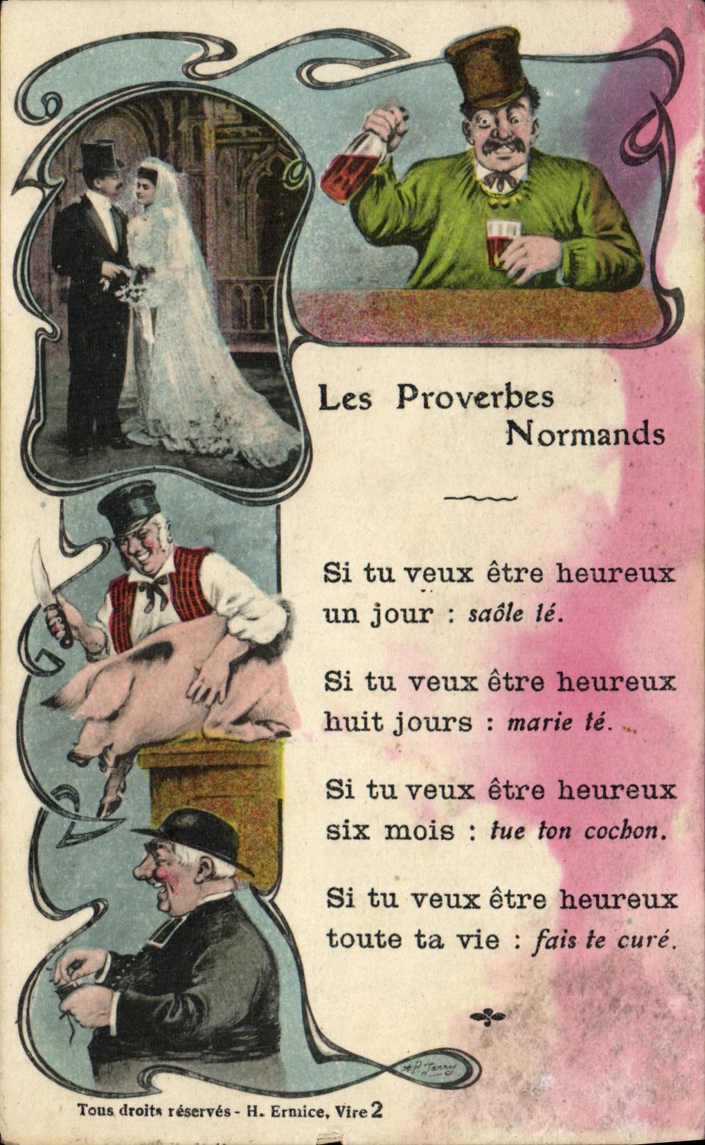 CPA Les Proverbes Normands Folklore Cochon Mariage 