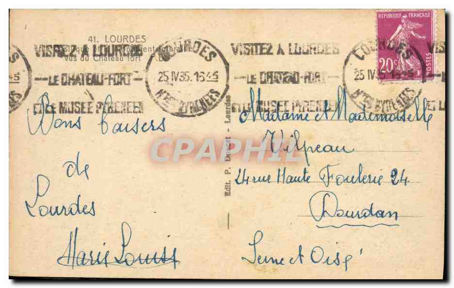 CPA Lourdes Basilique et Pic du Jer vus du chateau — Verso