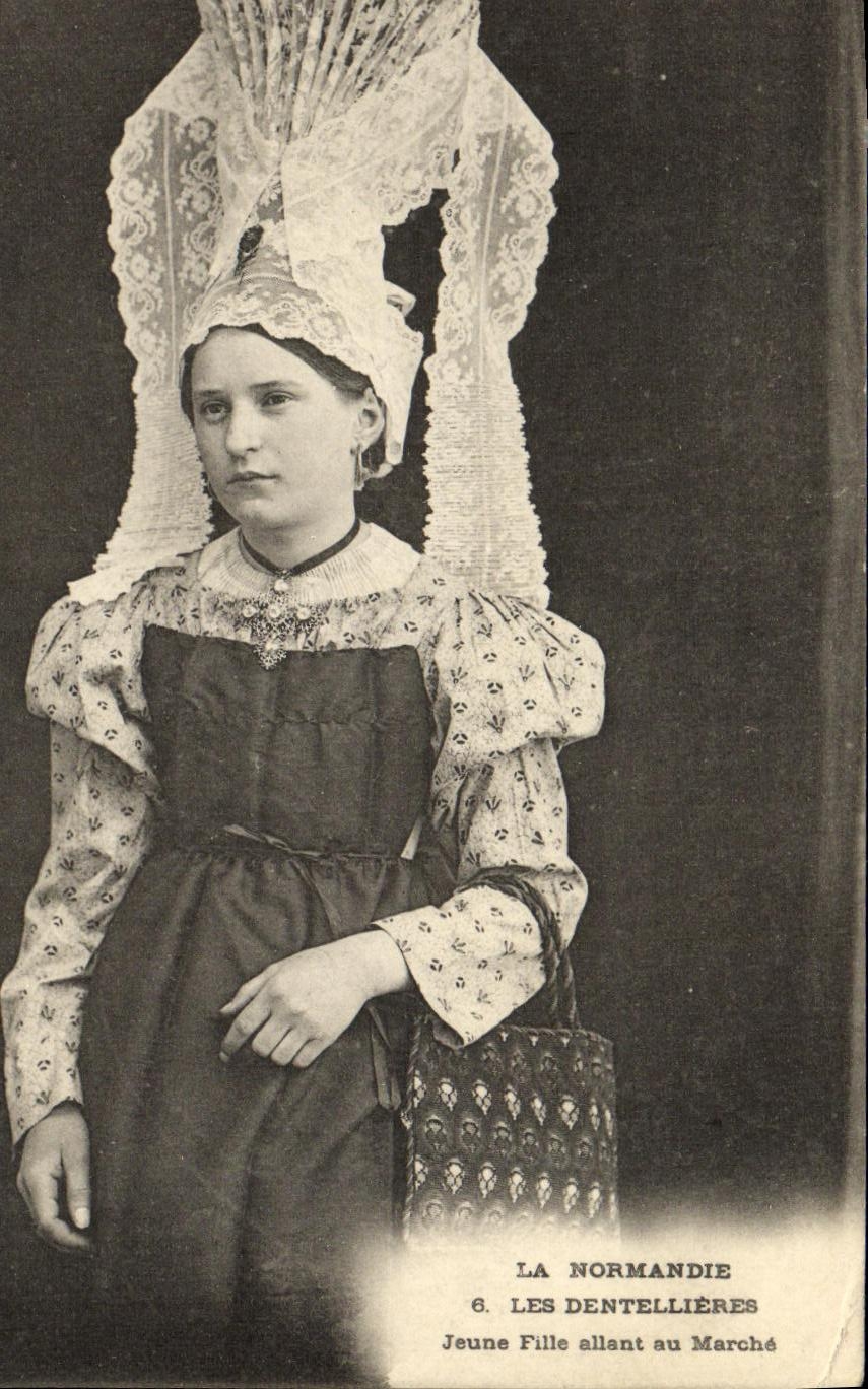 Vintage Postcard La Normandie Les Dentellieres Young Girl Going to the Market Folklore