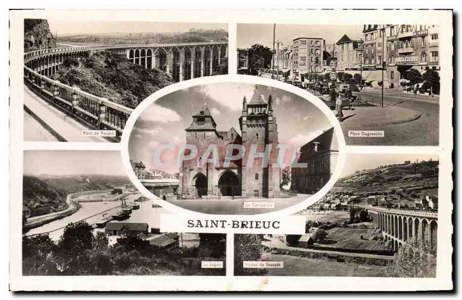Saint-Brieuc — Vue panoramique avec Pont de Toupin, Place Duguedie, La Cathédrale, Le Légué, Viaduc de Souzail — Éditeurs Nartes