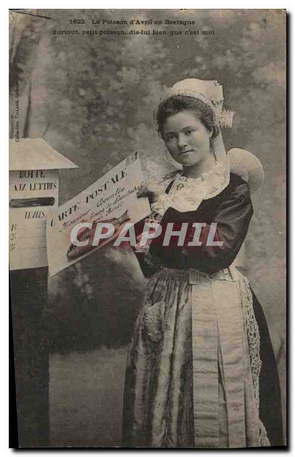 Woman in Breton costume — April Fish in Brittany — Postcard from the Vizan collection