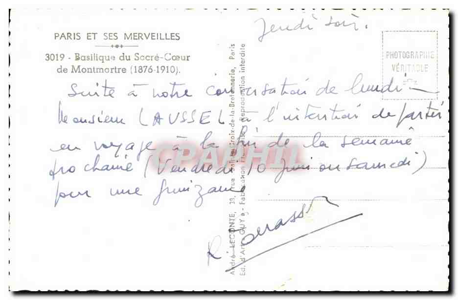 CPM Paris et ses Mervilles Basilique du Sacre Coeur de Montmartre — Rückseite