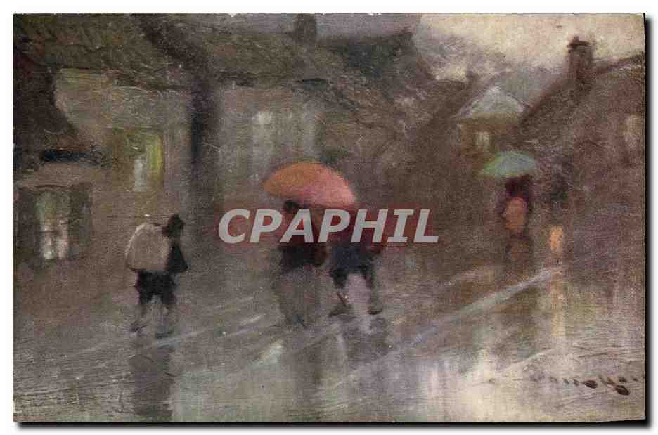 Scène de rue sous la pluie — illustration — éditeur Raphaël Tuck & Fils Ltd, série 965