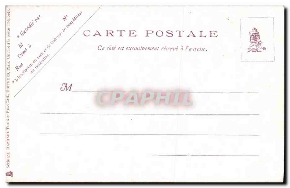 Scène de rue sous la pluie — illustration — éditeur Raphaël Tuck & Fils Ltd, série 965 — Verso