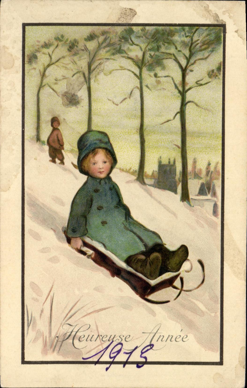 CPA Heureuse Annee Enfant Luge