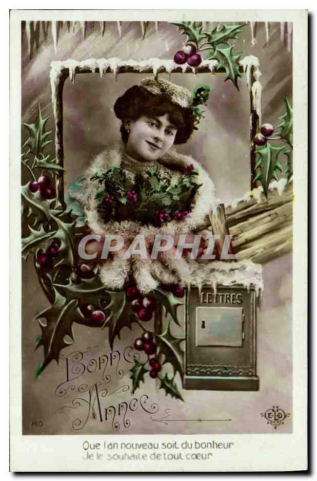 Femme en fourrure — décor de houx et glace — éditeur E.D. n°140