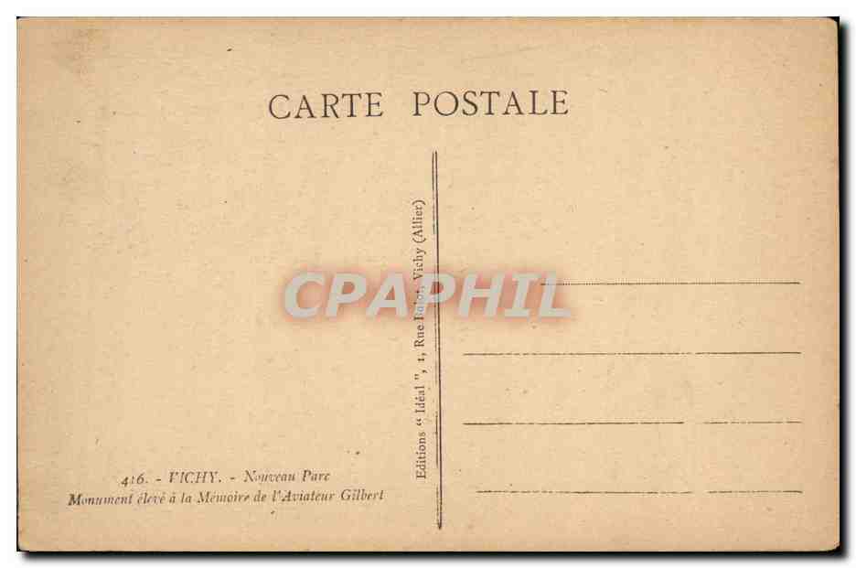 CPA Vichy Nouveau parc Monument eleve a la memoire de l aviateur Gilbert — Verso