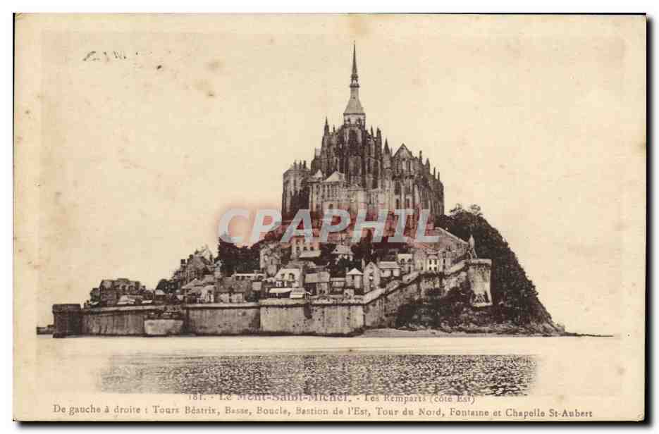 Mont-Saint-Michel — Die Mauern (Ostküste) — Tours Béatrix, Basse, Boucle, Bastion der Ostseite, Nordturm, Fontäne und Kapelle St-Aubert