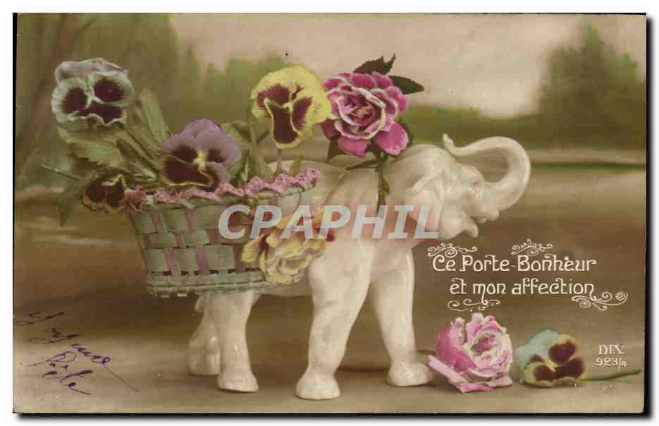Éléphant portant un panier de fleurs — Ce Porte-Bonheur et mon affection — Dix, n° 923