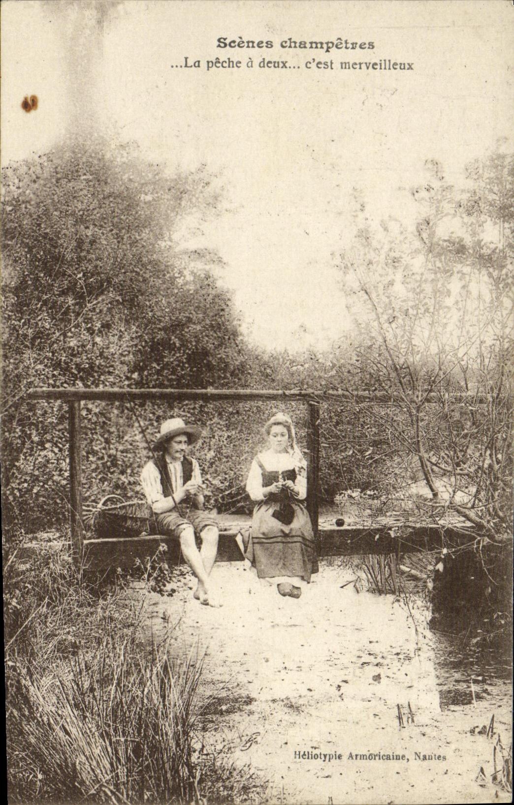 Scènes champêtres — La pêche à deux, c'est merveilleux — Héliotypie Armoricaine, Nantes