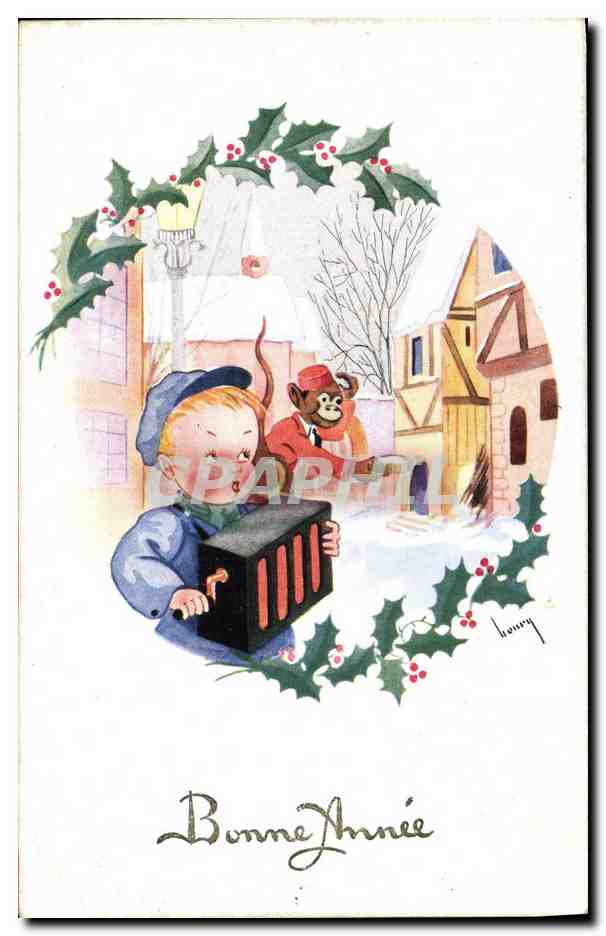 CPA Bonne Annee Enfant Accordeon Singe