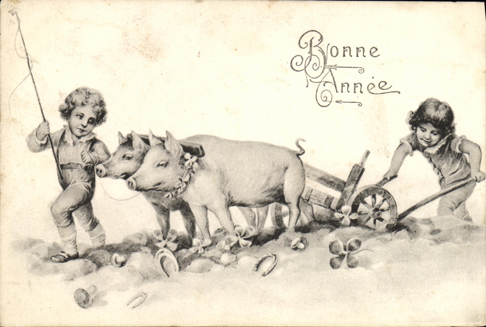 CPA Bonne Annee Enfants Cochons 