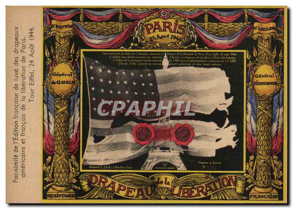 CPA Drapeaux americains et francais de la Liberation 24 aout 1944 Tour Eiffel Militaria