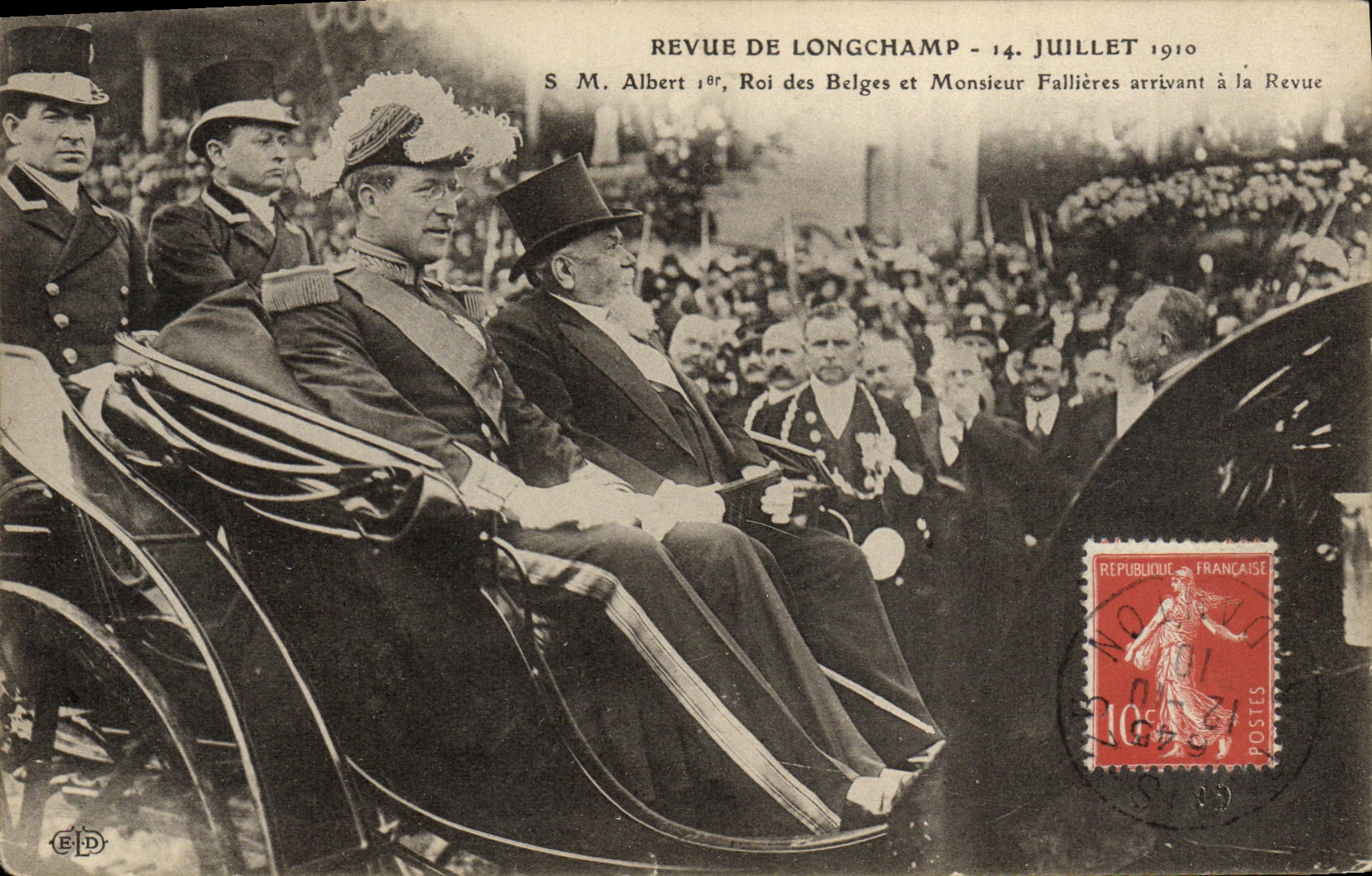 Revue de Longchamp - 14 juillet 1910 — S.M. Albert Ier, Roi des Belges et Monsieur Fallières arrivant à la Revue — Éditeur E.D.