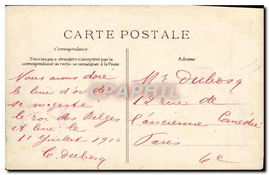 Revue de Longchamp - 14 juillet 1910 — S.M. Albert Ier, Roi des Belges et Monsieur Fallières arrivant à la Revue — Éditeur E.D. — Verso