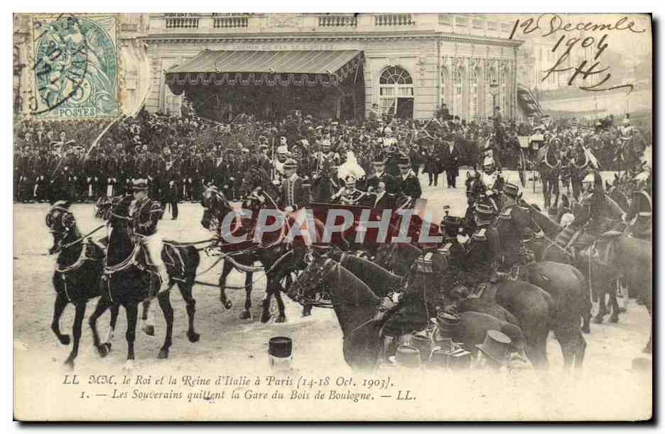 Les Souverains d'Italie quittent la Gare du Bois de Boulogne — LL. MC. — L’Imprimerie Nouvelle Photographique, Paris
