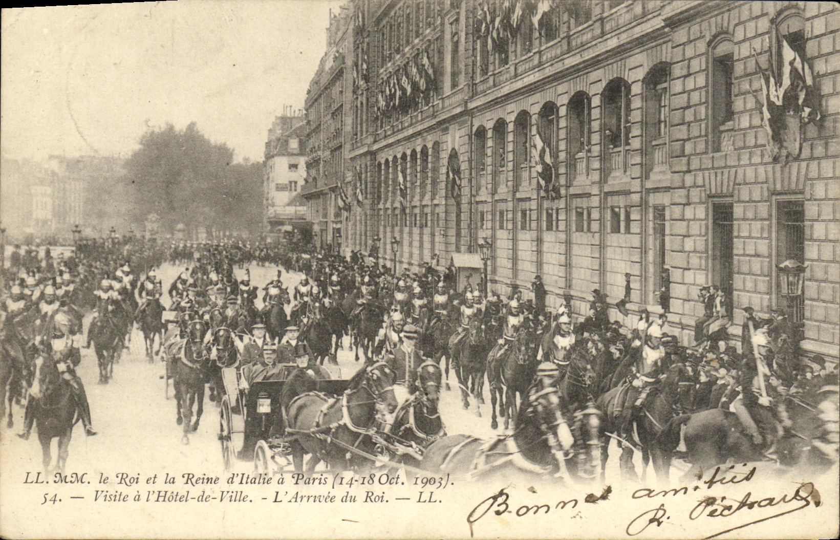 Visite du Roi d'Italie à Paris — Arrivée du Roi — LL. M.M. le Roi et la Reine d'Italie à Paris (14-18 Oct. 1903). — LL. M.M. Visite à l'Hôtel-de-Ville. — L'Arrivée du Roi. — LL. — Imprimés PARIS.