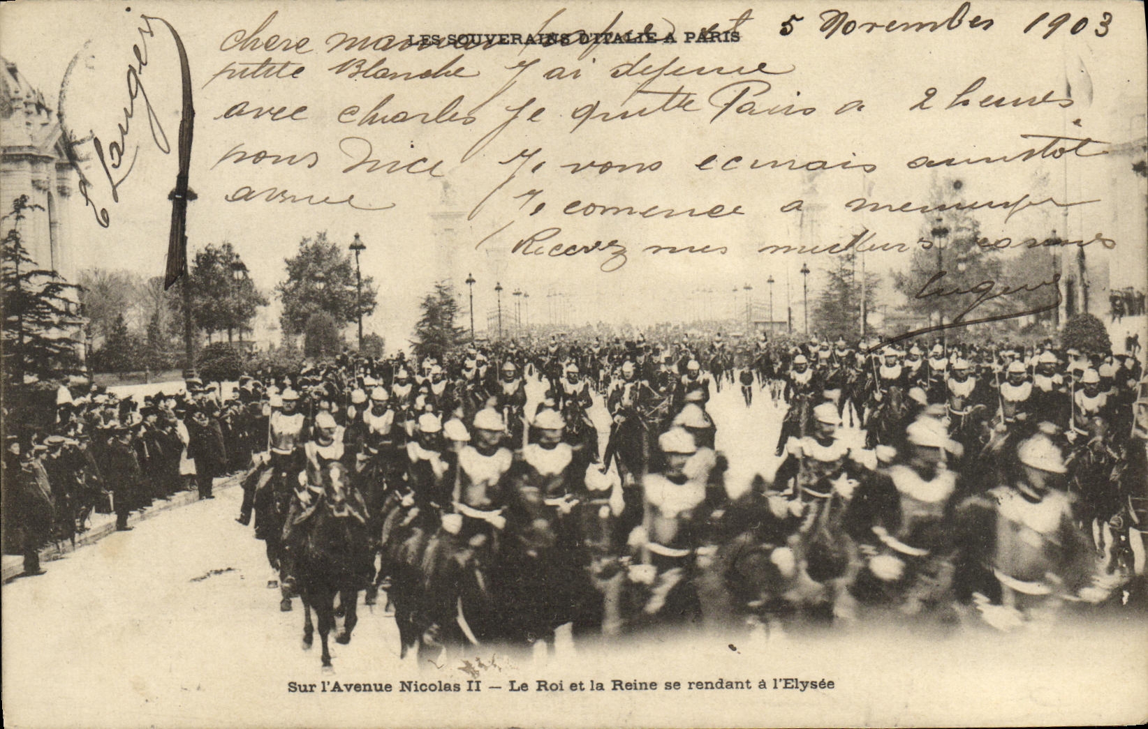 Sur l'Avenue Nicolas II — Le Roi et la Reine se rendant à l'Elysée — Les Souverains d'Italie à Paris