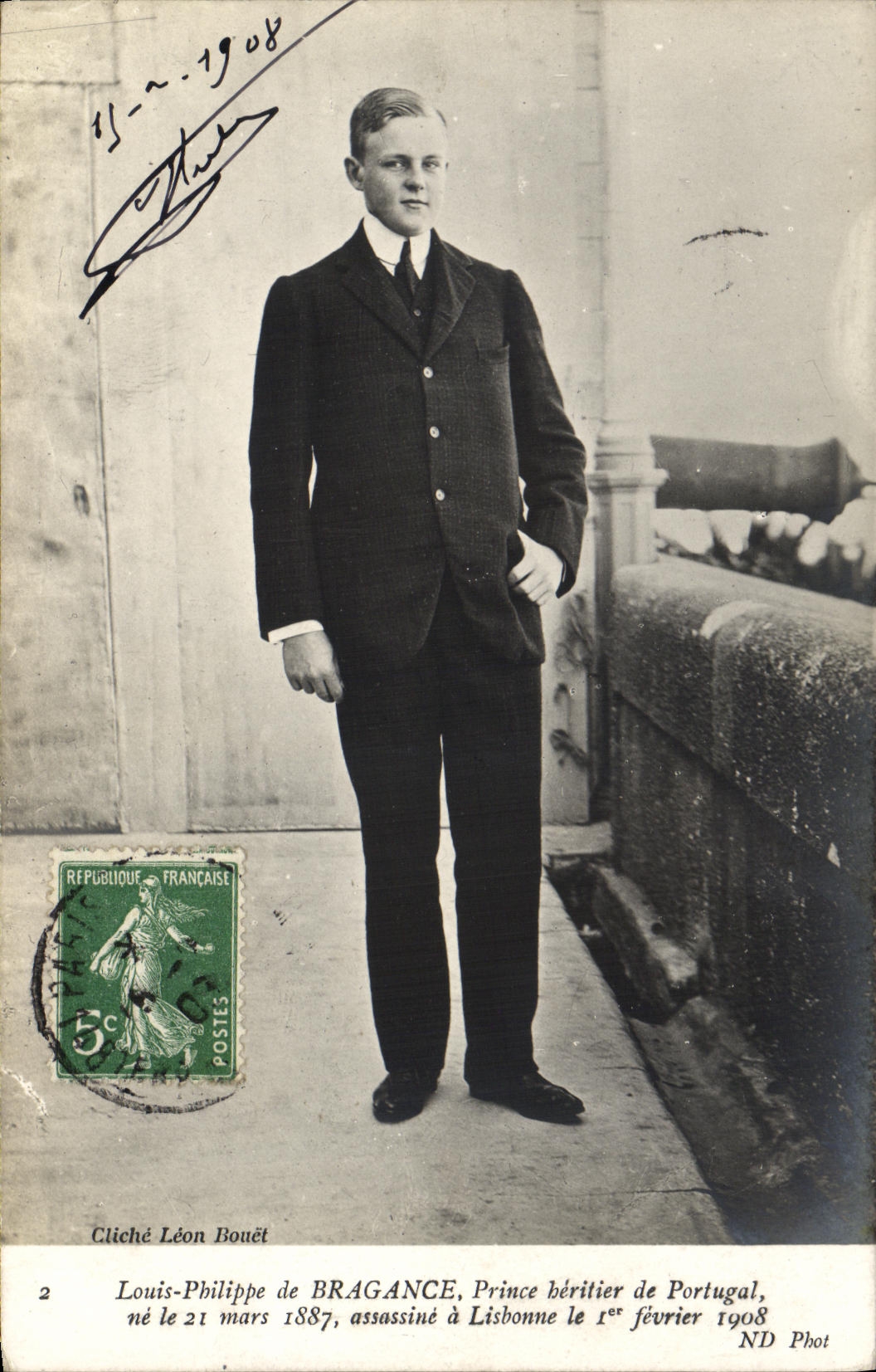 Louis-Philippe de Bragance, Prince héréditaire de Portugal — né le 21 mars 1887, assassiné à Lisbonne le 1er février 1908 — Cliché Léon Bouët