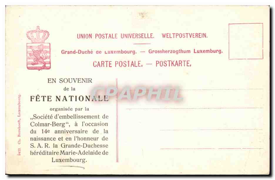CPA La Grande Duchesse Heritiere Marie Adelaide Chateau Grand Ducal de Ber Luxembourg — Rückseite