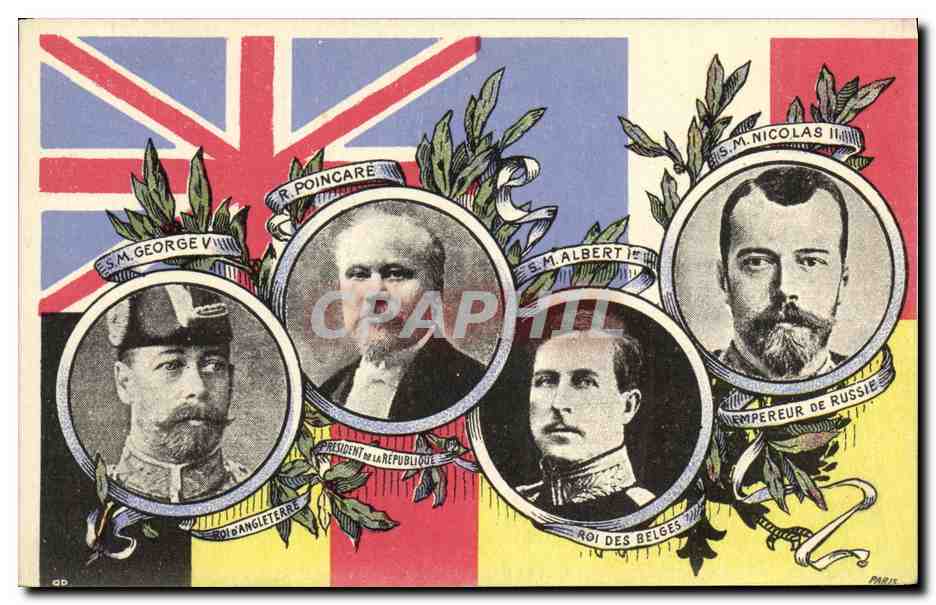 Portrait des monarques et du président — S.M. George V, R. Poincaré, S.M. Albert Ier, S.M. Nicolas II — éditeur Paris