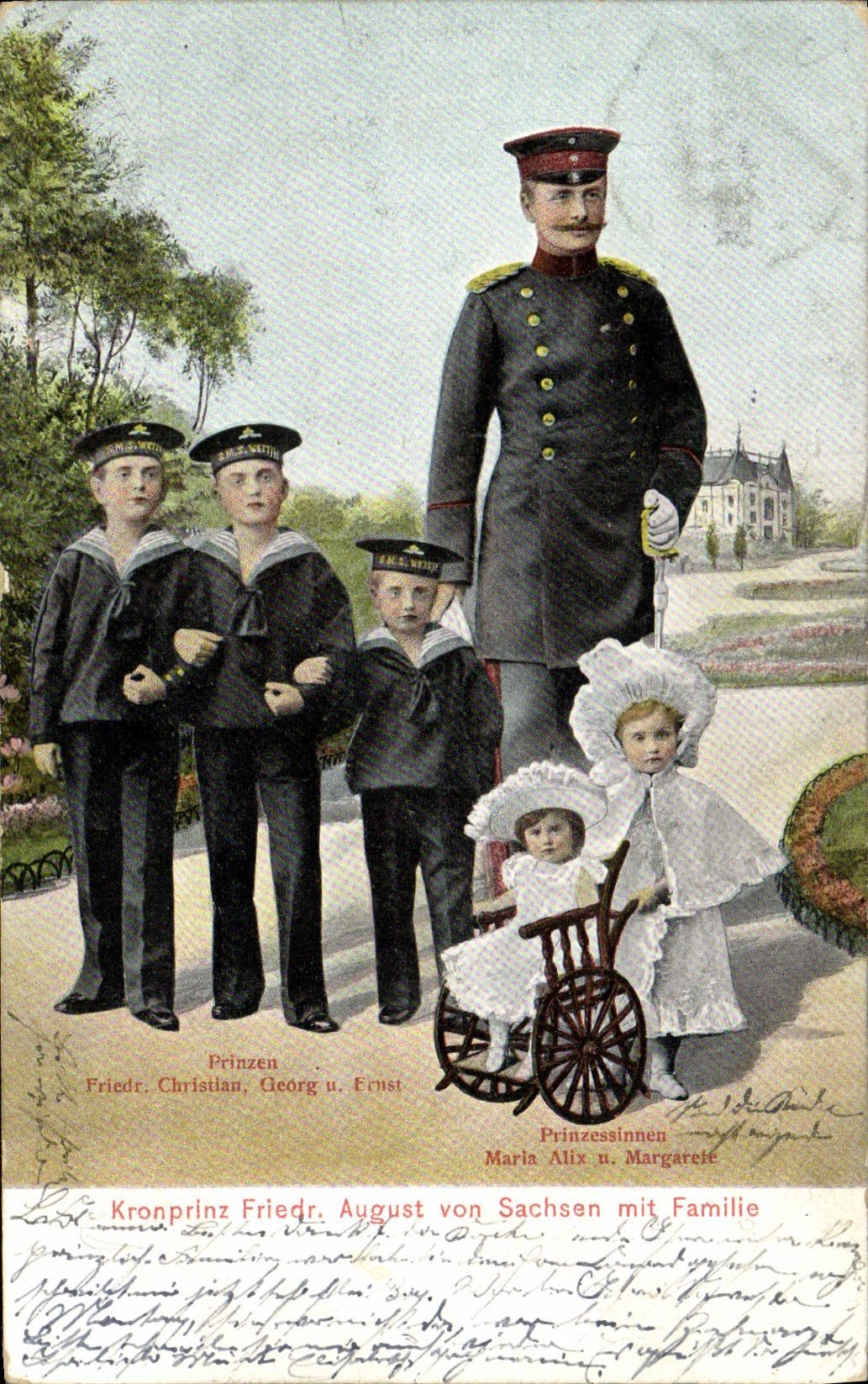 Famille du Kronprinz Friedrich August von Sachsen — Prinzessinnen Maria Alix et Margarete avec les princes Christian, Georg et Ernst — éditeur V. C. A. Mischler, Dresden