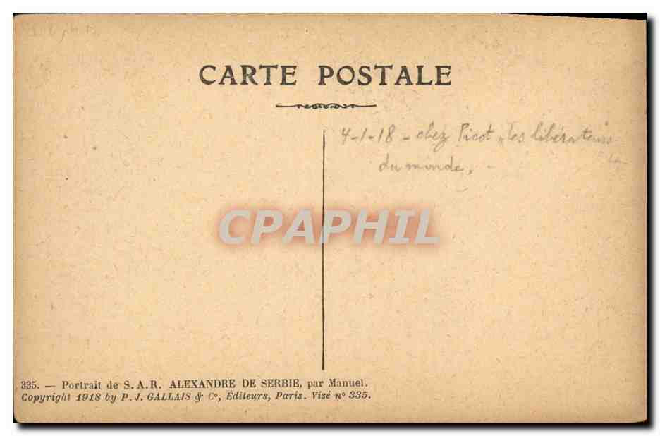 S.A.R. Alexandre de Serbie — Portrait militaire — P.J. Gallais & C°, Paris, n° 335 — Rückseite