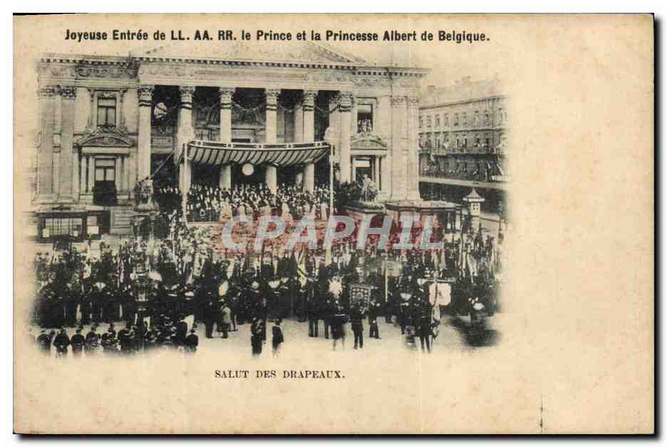 Entrée du Prince et de la Princesse Albert de Belgique — Salut des drapeaux — Éditeur Van Corenborgh, Bruxelles
