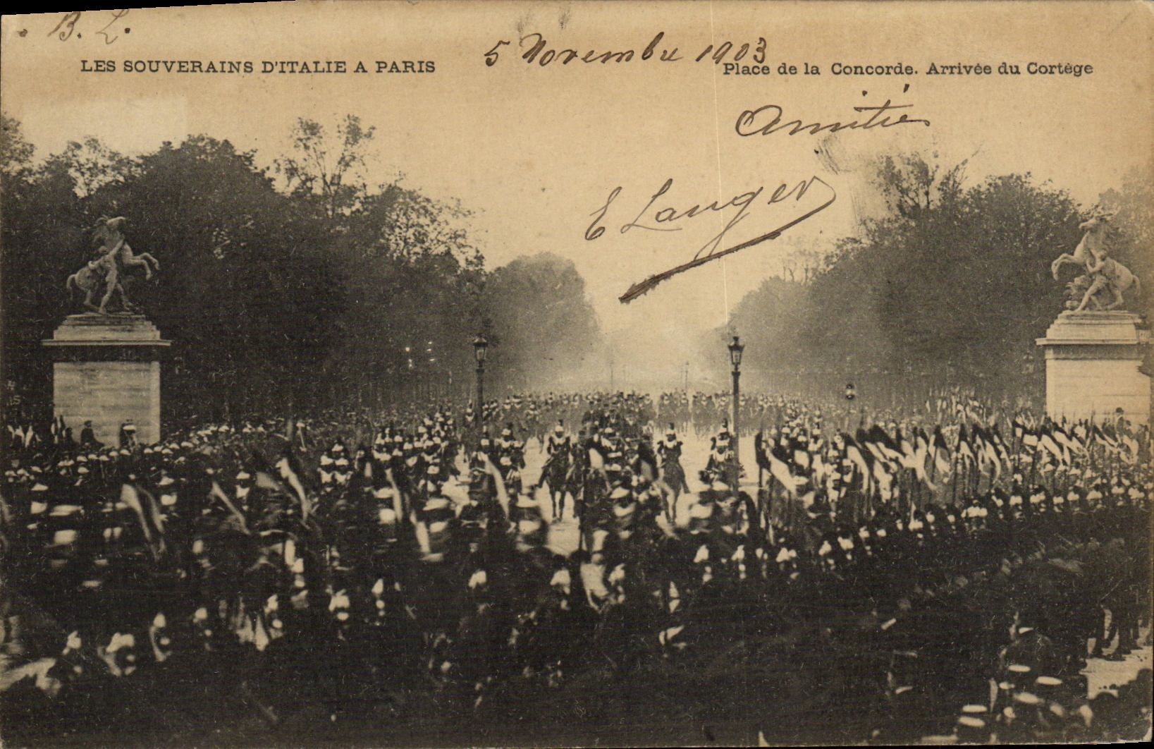Les Souverains d'Italie à Paris — Arrivée du Cortège à la Place de la Concorde — Éditeur Langer