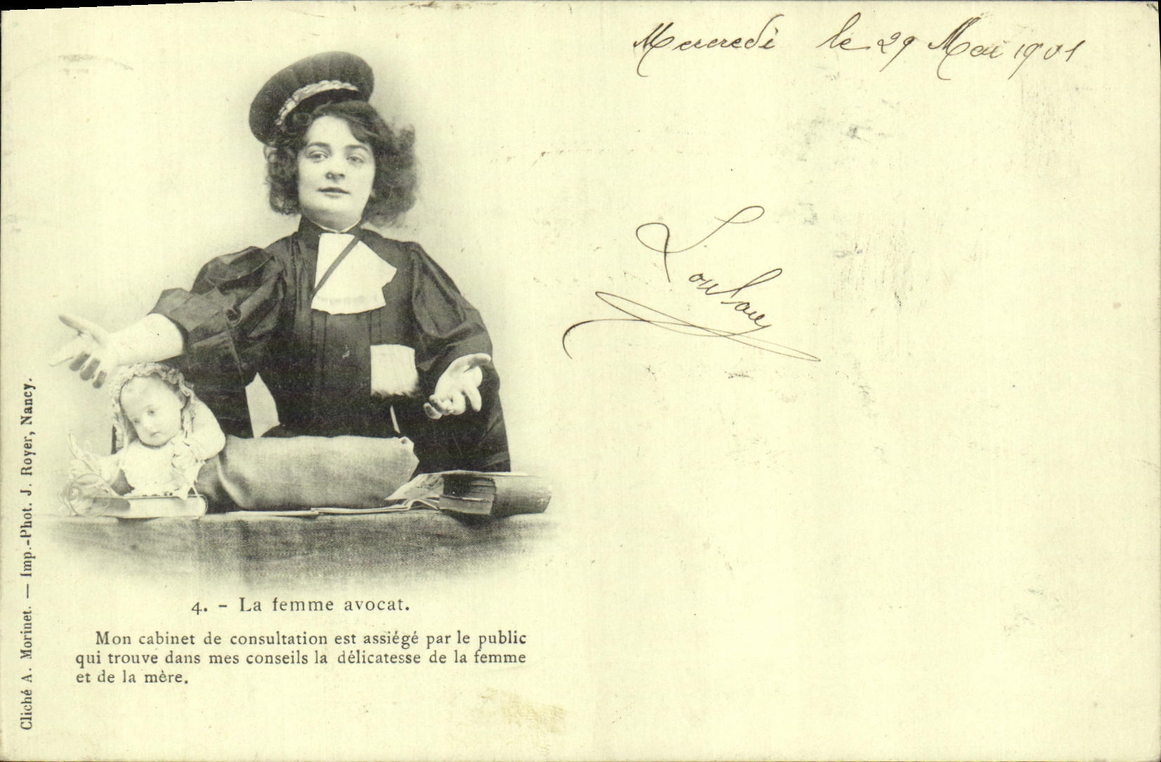 La femme avocat — Sujet : femme avocate en robe de chambre, geste d'explication — Gliché A. Morinet, Nancy, n°4